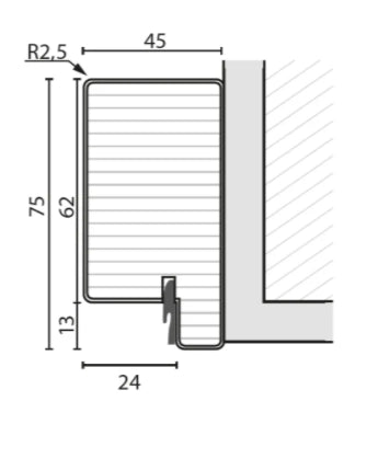 Technical dimension diagram of a window or door frame profile section, showing measurements such as 75, 62, 13, 24, 45, and R2.5 on a white background.