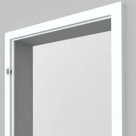 A white interior door frame shown from the side against a light gray background.