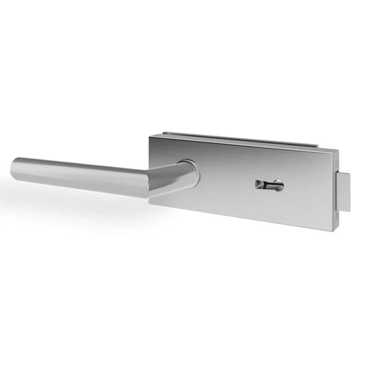 A modern lever-style door handle set with a rectangular backplate and keyhole cutout, shown in a brushed silver finish on a white background.