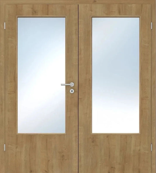 Wooden double door with glass panels on a white background