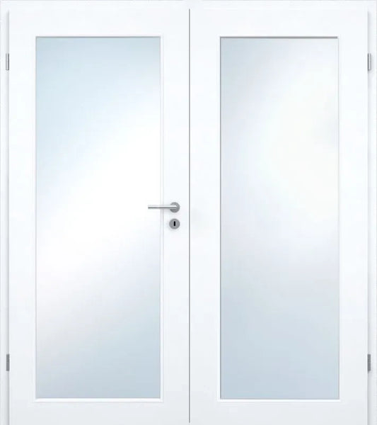 White double door set with frosted glass panels and a silver metal handle on the left door.