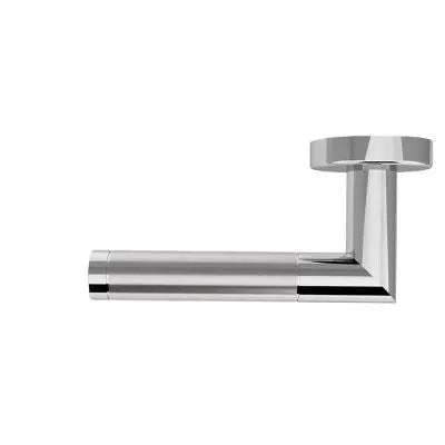 A modern L-shaped wall-mounted toilet paper holder with a polished chrome finish, shown against a plain white background.