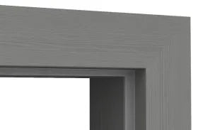 Close-up of a gray door frame with a white background
