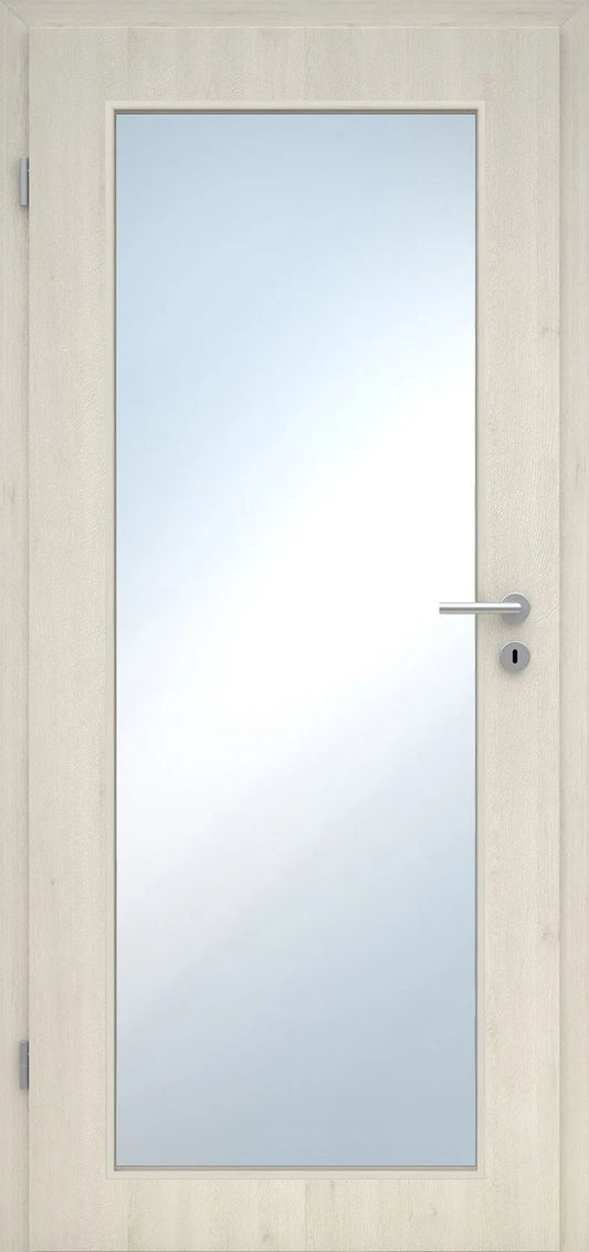 Wooden door with a glass panel and handle on a white background