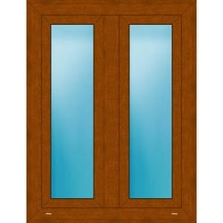 A double door product with a warm brown wood grain finish and two tall vertical blue-tinted glass panels, shown against a plain white background.