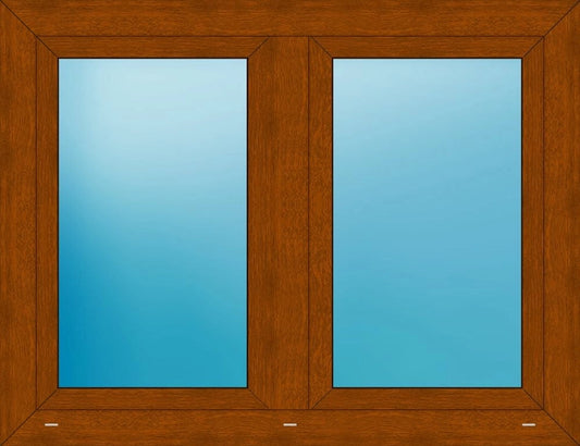 A double-pane window frame in medium brown wood with two vertical glass panes, shown against a blue gradient background.