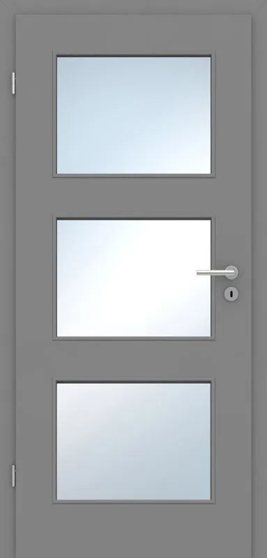 A modern gray interior door with three rectangular frosted glass panels and a silver metal handle on the right side.