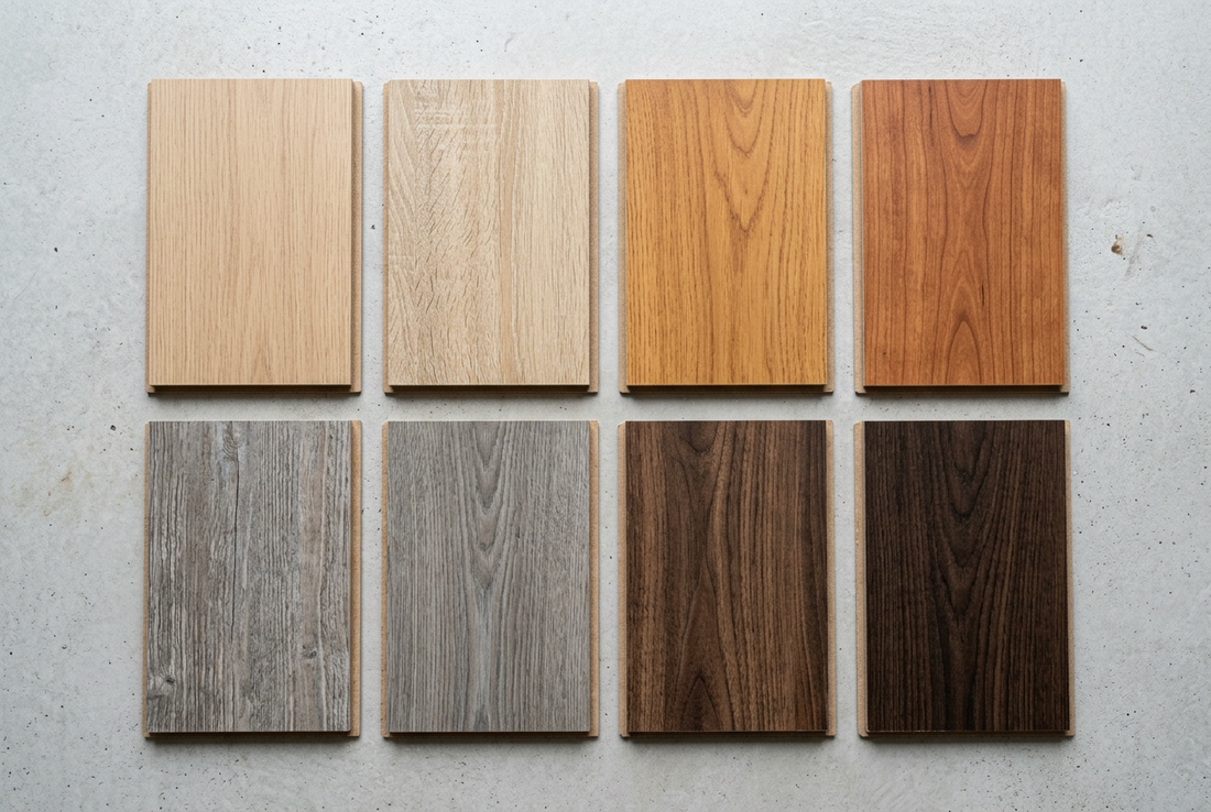 Laminat-Musterdielen in verschiedenen Farben zum Vergleich