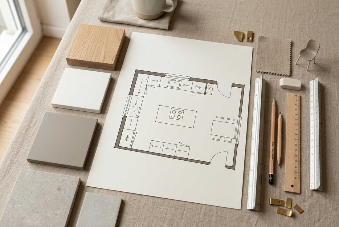 Küchenplanung mit Grundriss-Skizze, Materialmustern und Stift