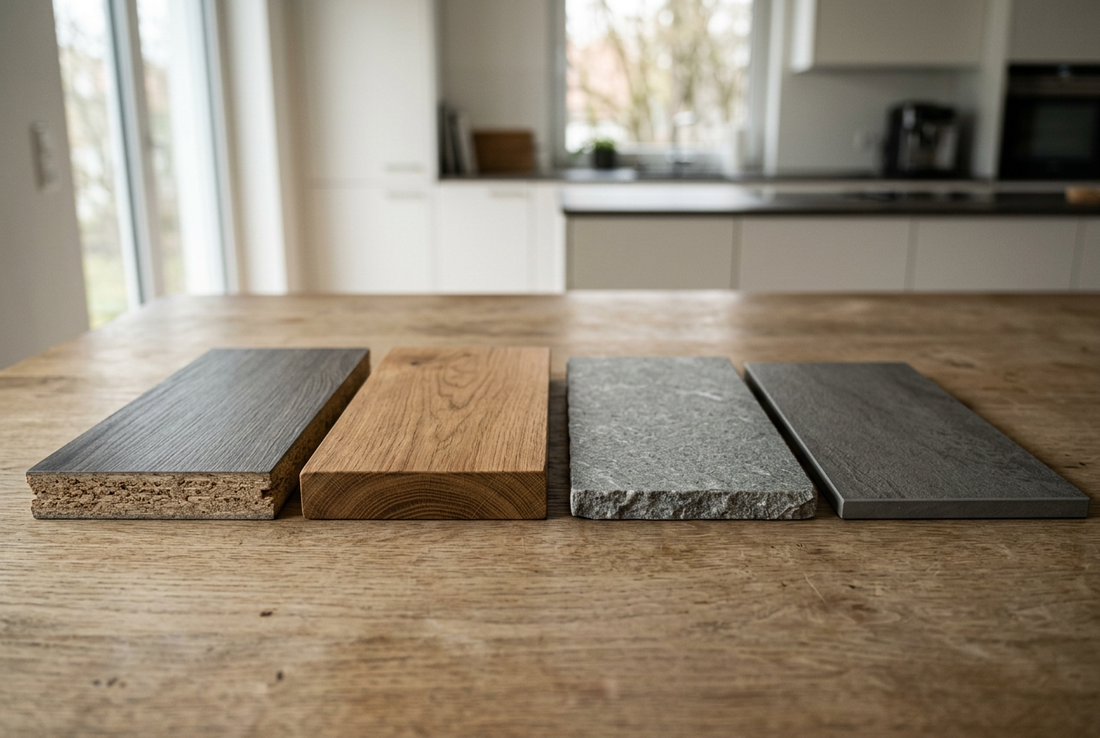 Vier Arbeitsplatten-Muster im Vergleich: Laminat, Holz, Stein, Keramik