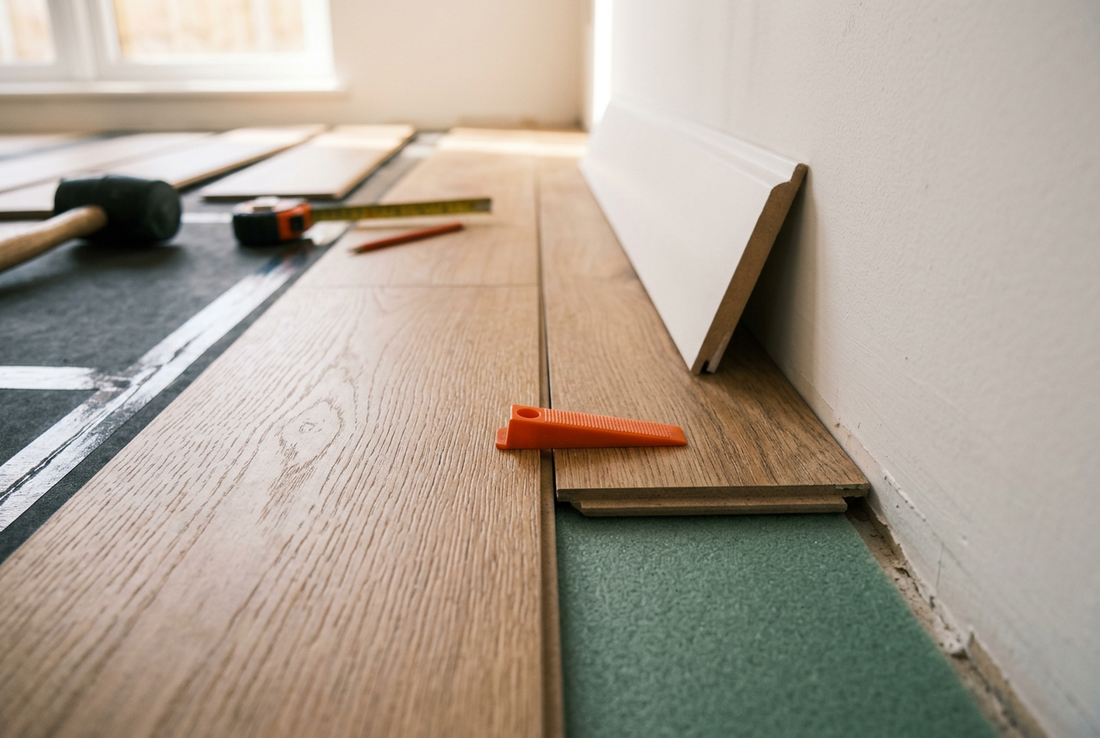 Dehnungsfuge am Laminat mit Abstandskeil und Sockelleiste