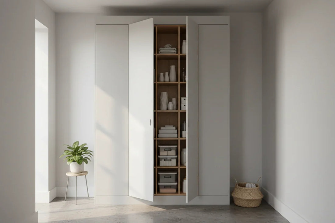 Deckenhoher Einbauschrank im Flur mit Garderobenteil, Schuhauszügen und Schiebetüren