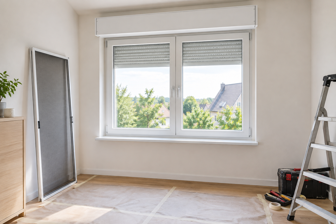 Heller Raum bei der Fenstersanierung mit neuem Fenster, Fensterbank, Rollladenkasten und Insektenschutz