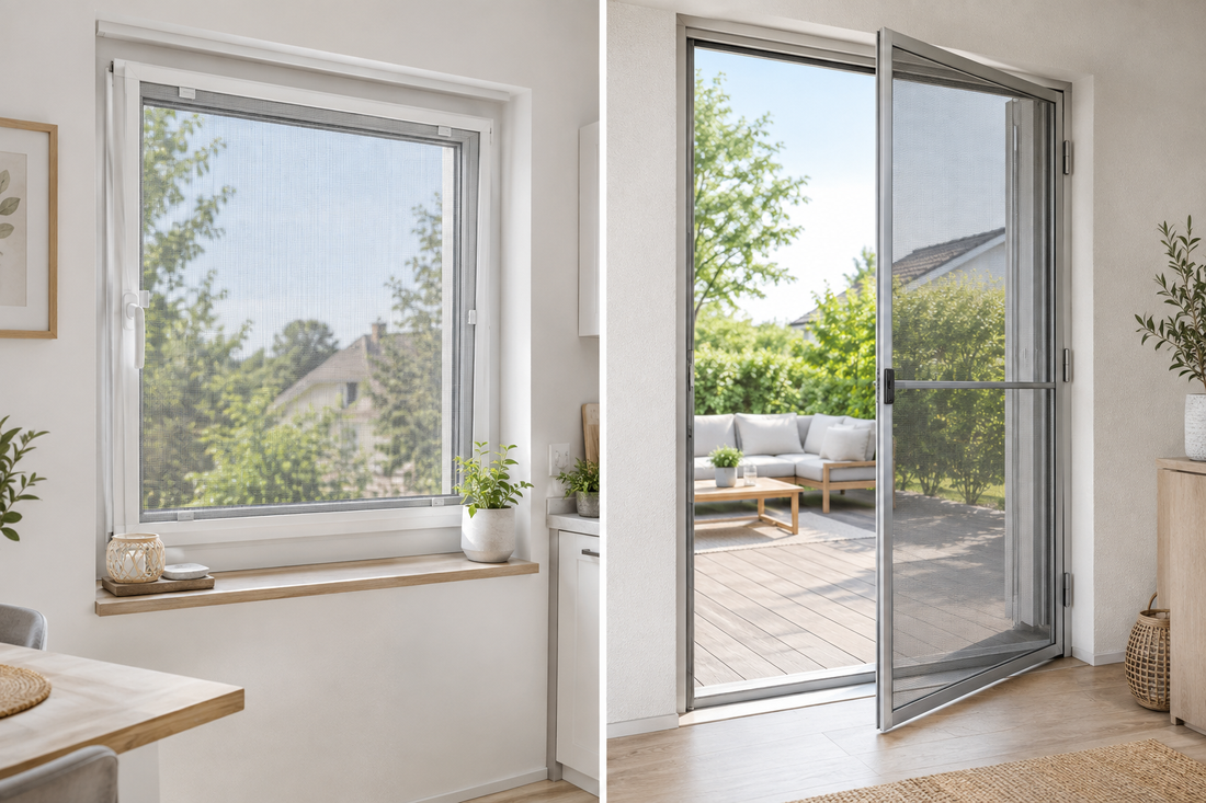 Fliegengitter-Spannrahmen am Fenster und Insektenschutztür an der Terrasse im Vergleich