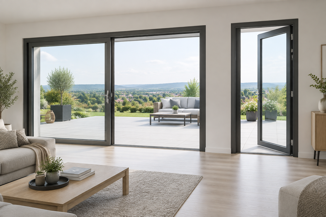 Große Hebeschiebetür neben einer kleineren Dreh-Terrassentür im Vergleich, Blick zur Terrasse