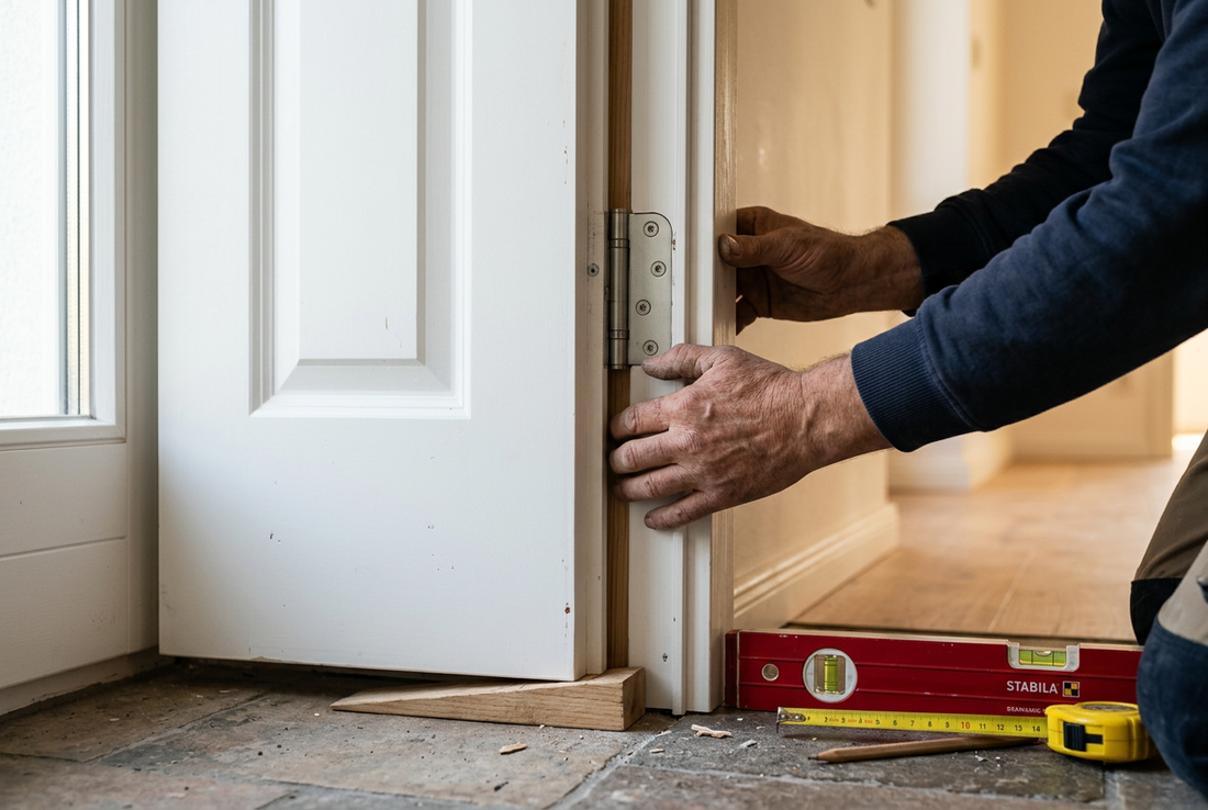 Person baut eine Innentür in die Zarge ein