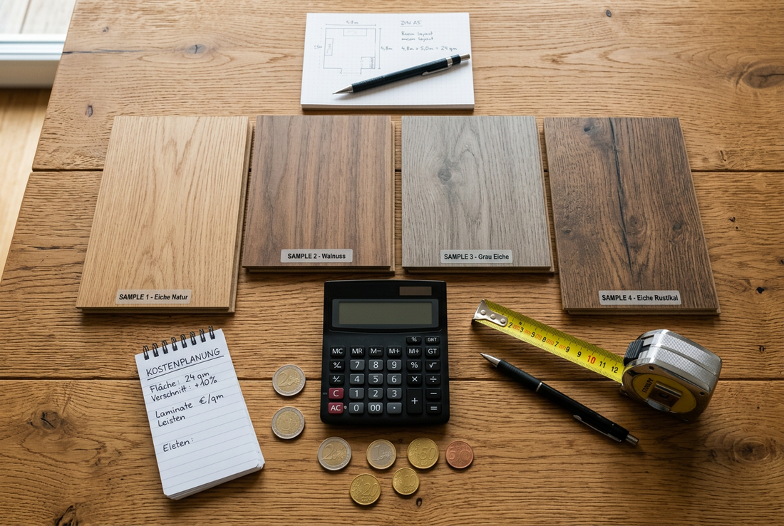 Laminat Kosten – Planken mit Taschenrechner und Euro-Münzen