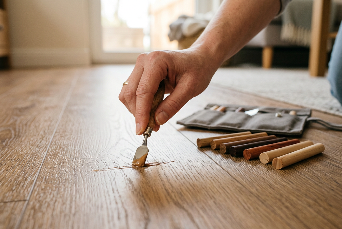 Laminat reparieren – Kratzer wird mit Hartwachs ausgebessert