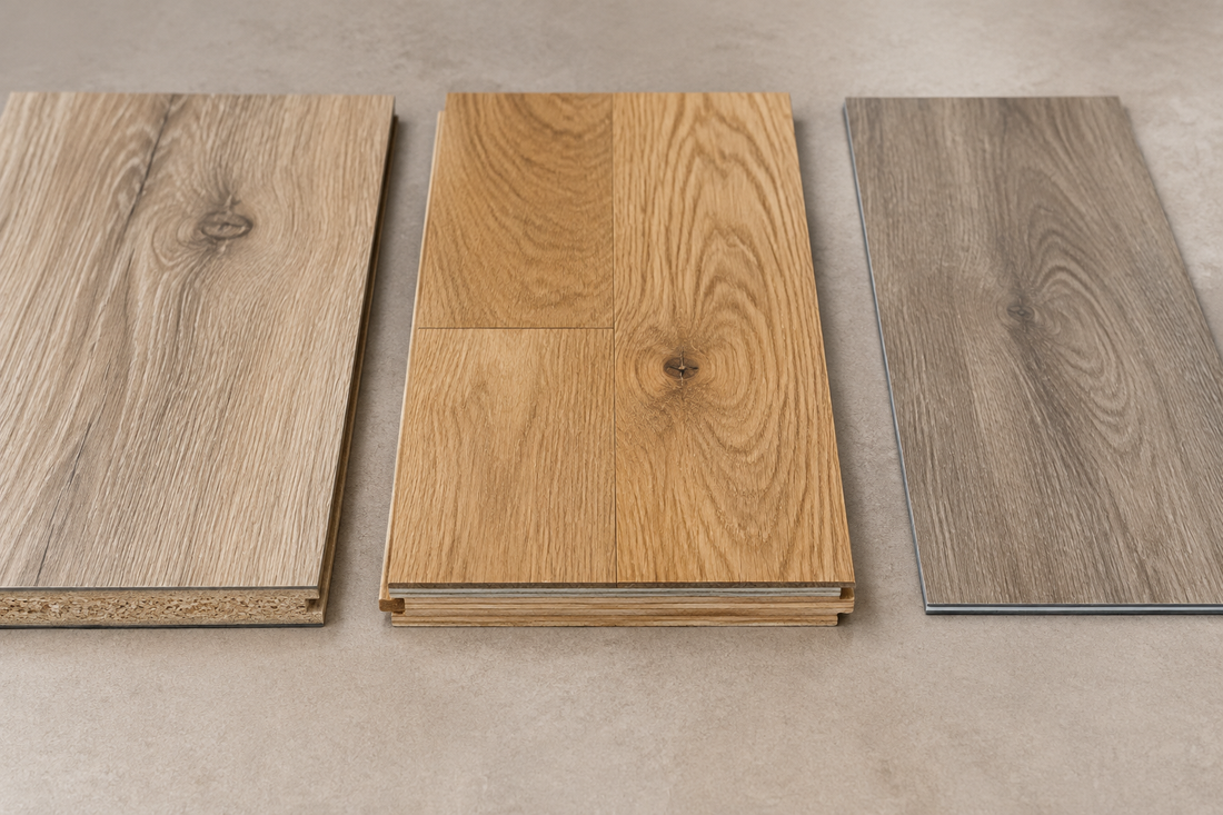 Laminat, Parkett und Vinyl im direkten Vergleich nebeneinander