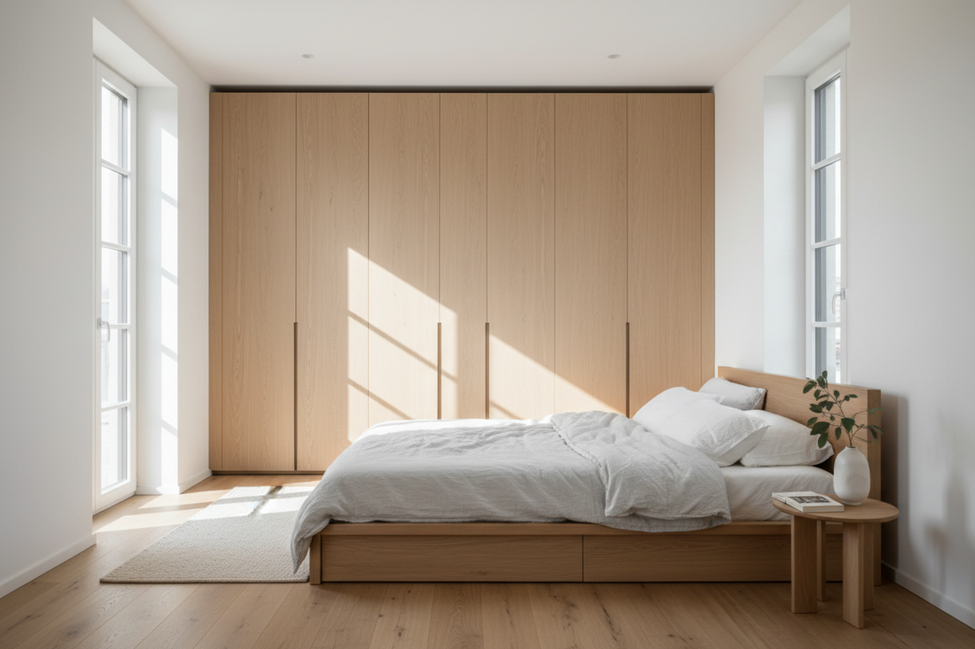 Einbaukleiderschrank in Eiche in einem hellen deutschen Schlafzimmer