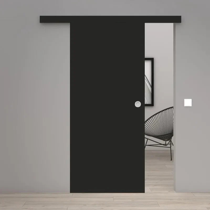 Schwarze Schiebetür im Industrial-Stil zwischen zwei Wohnräumen
