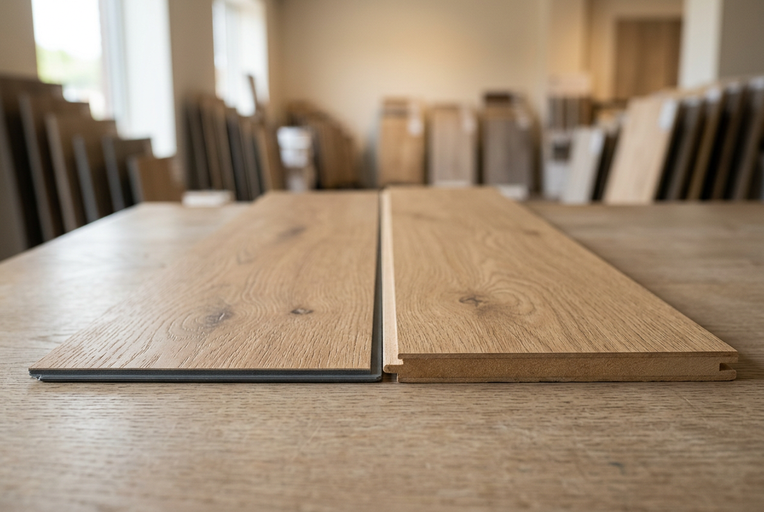 Vinyl und Laminat Diele im direkten Vergleich nebeneinander