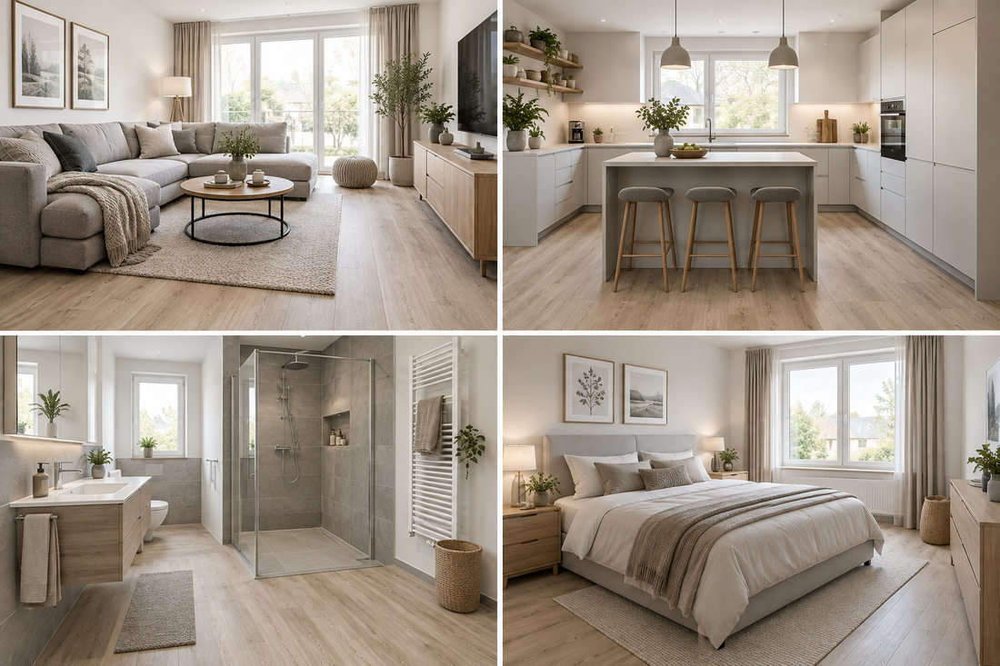 Verschiedene Räume mit passendem Laminat – Wohnen, Küche, Bad, Schlafzimmer