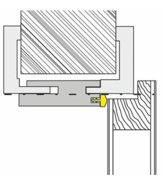 Technical diagram of a window frame with a gasket and sealant application.