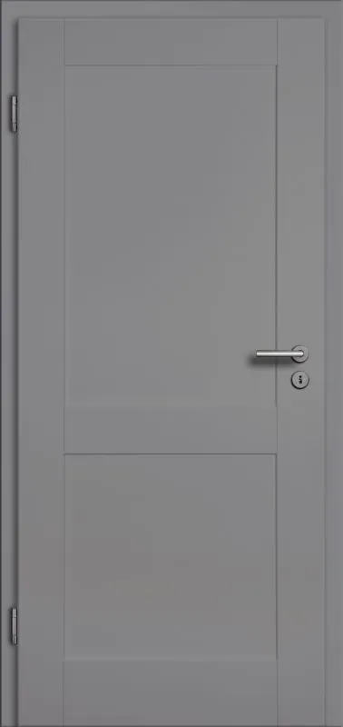 Gray door with a silver handle and lock