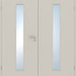 A pair of off-white double interior doors with tall, narrow vertical frosted glass panels in each door and a small central lockset.