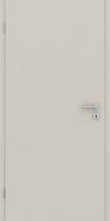 A minimalist off-white interior door with a silver metal lever handle and keyhole, shown against a matching background.