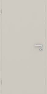 A minimalist off-white interior door with a silver metal lever handle and keyhole, shown against a matching background.