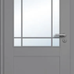 Gray door with glass panel and handle