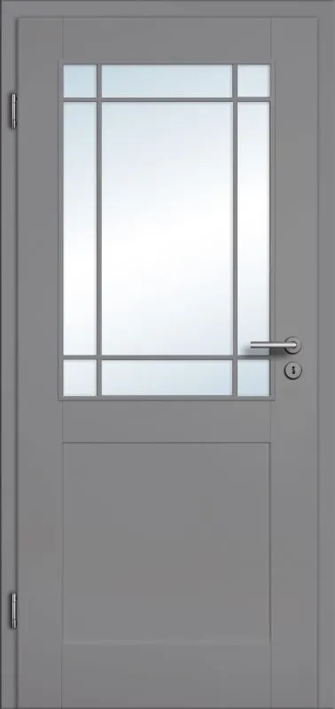 Gray door with glass panel and handle