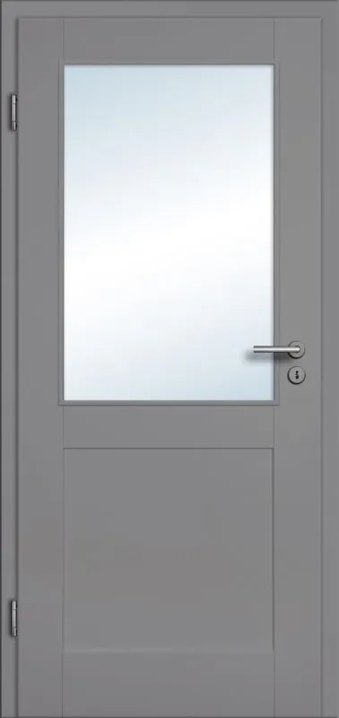 Gray door with a glass panel and handle on a white background