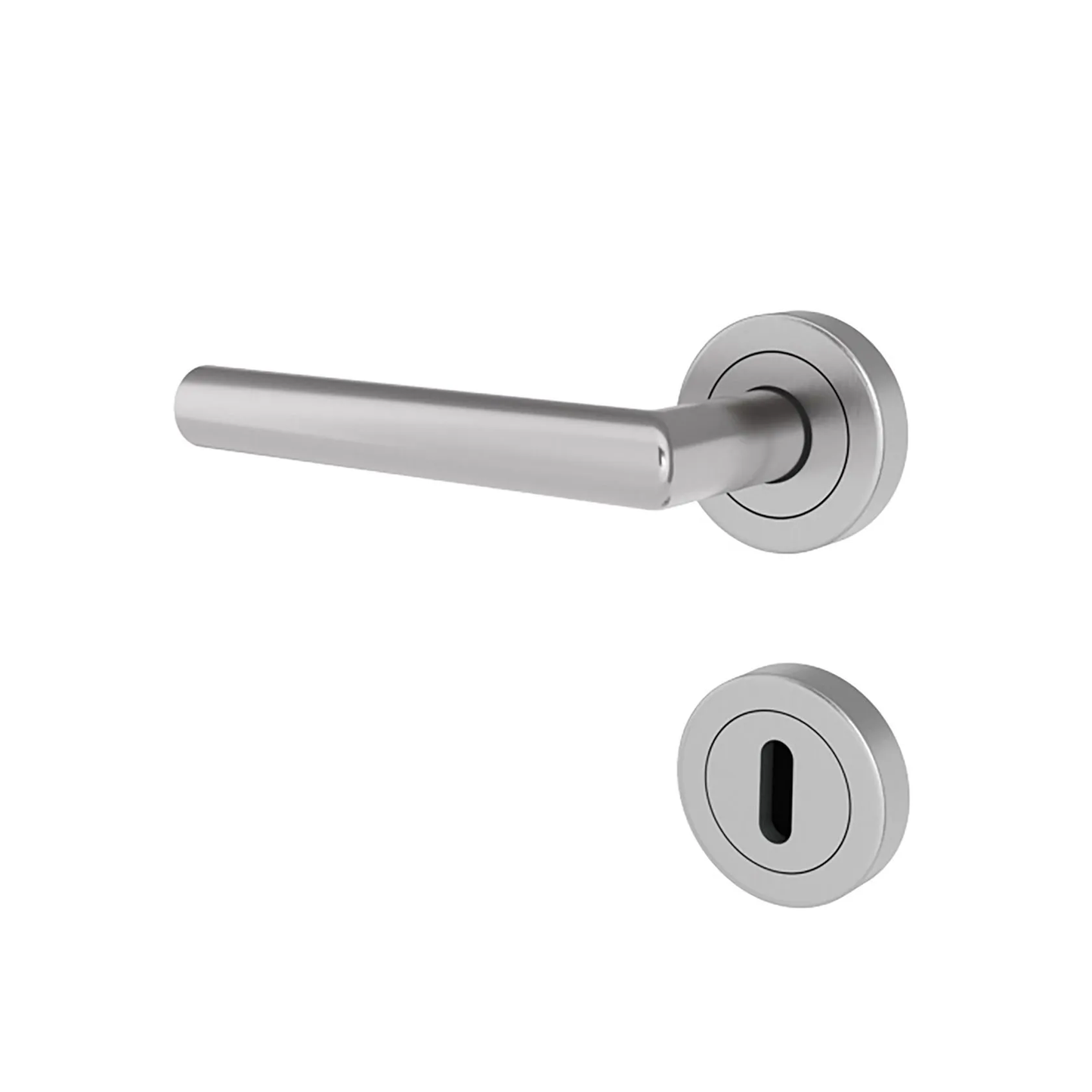Silver door handle and lock set on a white background