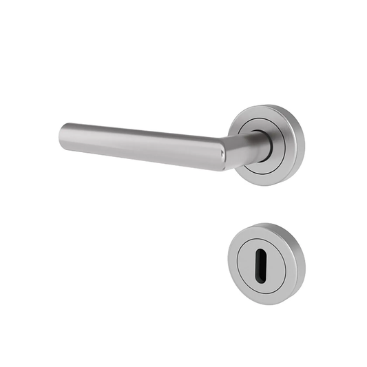 Silver door handle and lock set on a white background