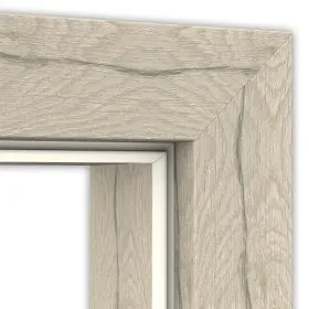 Close-up of a wooden picture frame with a light brown finish.