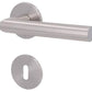 A brushed satin nickel door handle set with a matching round keyplate, shown against a plain white background.