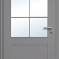 Gray door with glass panels and a handle on a white background
