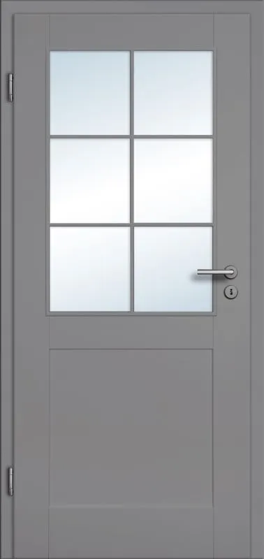 Gray door with glass panels and a handle on a white background