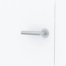A minimalist silver metal door handle mounted on a plain white door.