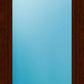 A tall rectangular door with a dark brown wood grain frame and a large light blue-tinted glass panel.