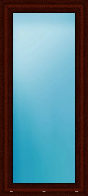 A tall rectangular window or door panel with a dark reddish-brown wood frame and a smooth light blue glass or panel insert.