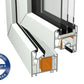 Cross-section view of a white and silver aluminum window frame profile with a glass pane, featuring an orange inner liner and a blue circular Veka quality badge on the bottom left.