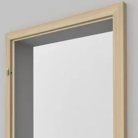 A light natural wood rectangular mirror frame shown against a plain light gray wall.
