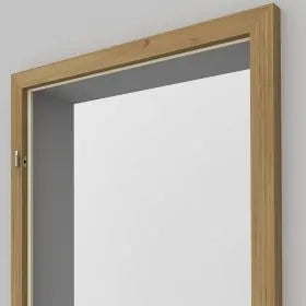 A light natural wood door frame with a white panel insert, shown against a plain light gray background.