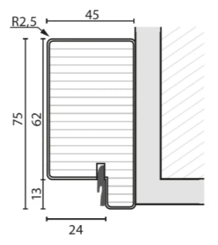 Technical dimension drawing of a window or wall seal profile, showing measurements such as 75, 62, 13, 24, 45, and R2,5 on a white background.