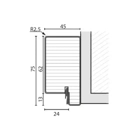 Technical dimension drawing of a window or wall seal profile, showing measurements such as 75, 45, 24, 13, and a corner radius of B2,5 on a white background.