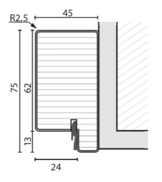 Technical dimension drawing of a window or wall seal profile, showing side and bottom measurements including 75, 62, 13, 24, 45, and R2,5.